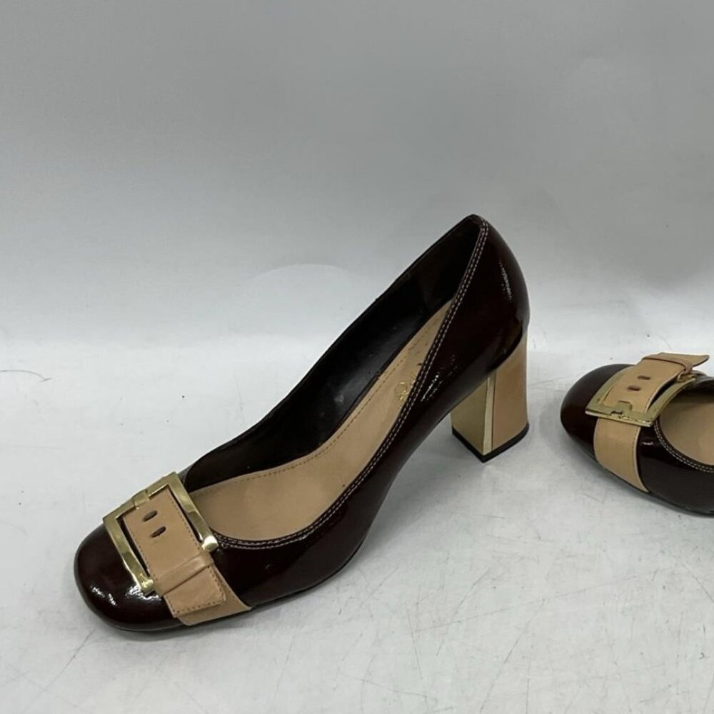 Vintage Franco Sarto Brown Patent Leather Block Heel Shoes Pumps w/Gold Buckle 8